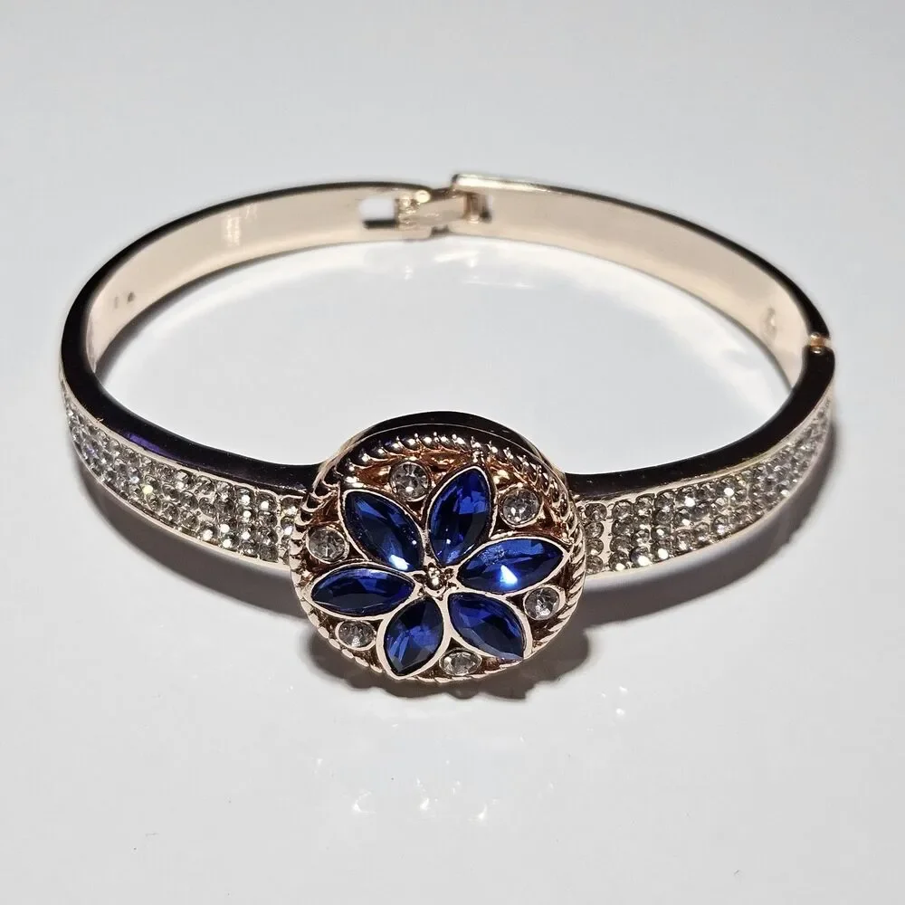Rose Gold Snap Bracelet Blue And Clear Rhinestone Flower Approx 7